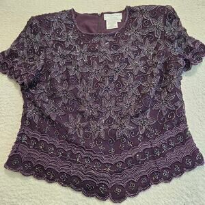 Papell Boutique Silk Beaded Floral Top Blouse Dark Purple Vtg 90s Women's L